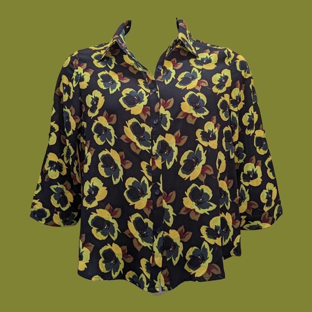Unique 3/4 Length Sleeve Button Down Sheer Blouse with Pansies by Moo